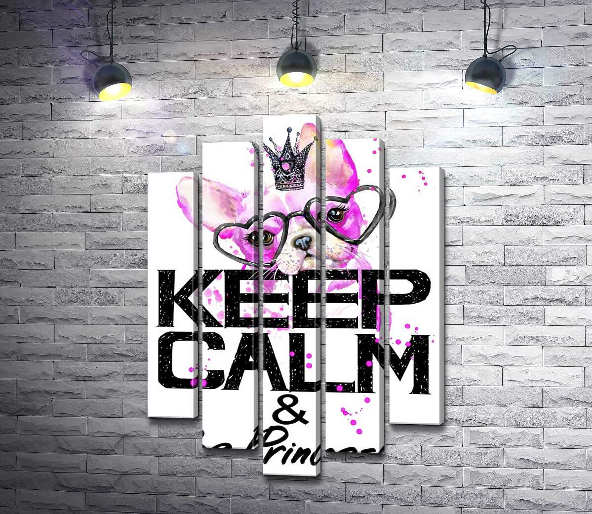 

Модульная картина ArtPoster Розовый бульдог в очках и короне над надписью "keep calm and be princess" 130x192 см Модуль №26