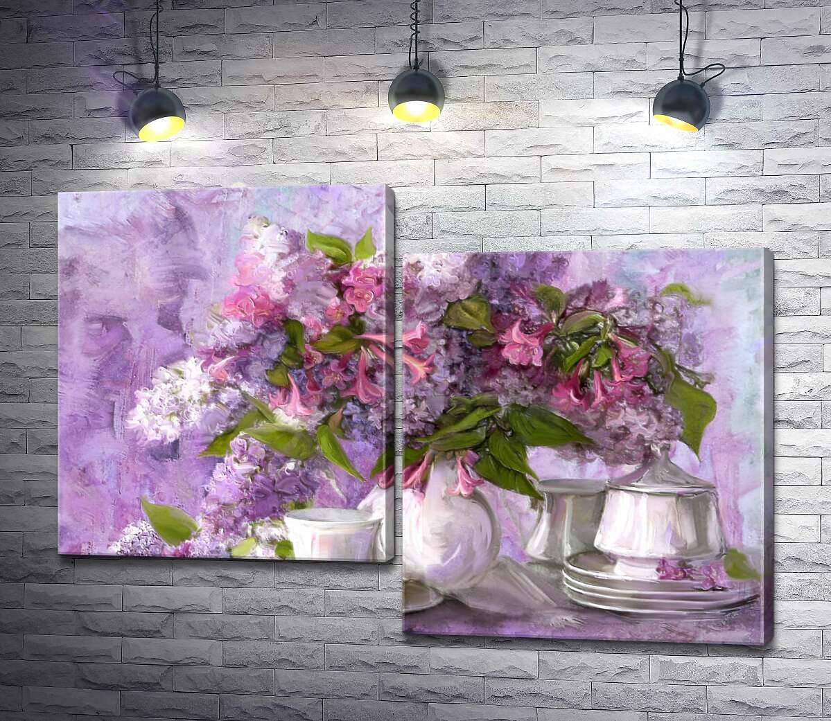 

Модульная картина ArtPoster Пурпурная сирень и розовые колокольчики склонились над белоснежным сервизом 130x91 см Модуль №5