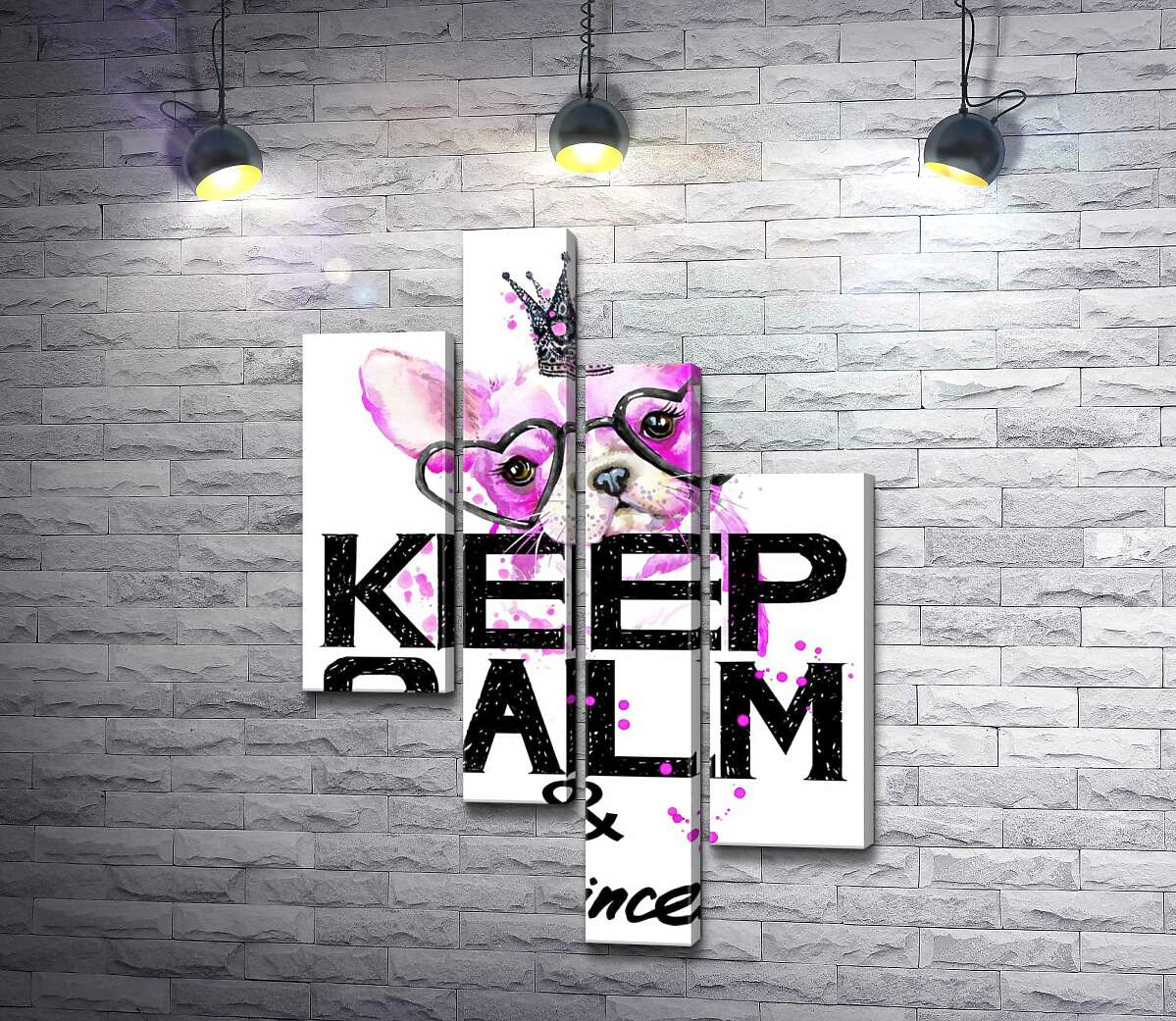 

Модульная картина ArtPoster Розовый бульдог в очках и короне над надписью "keep calm and be princess" 100x147 см Модуль №20