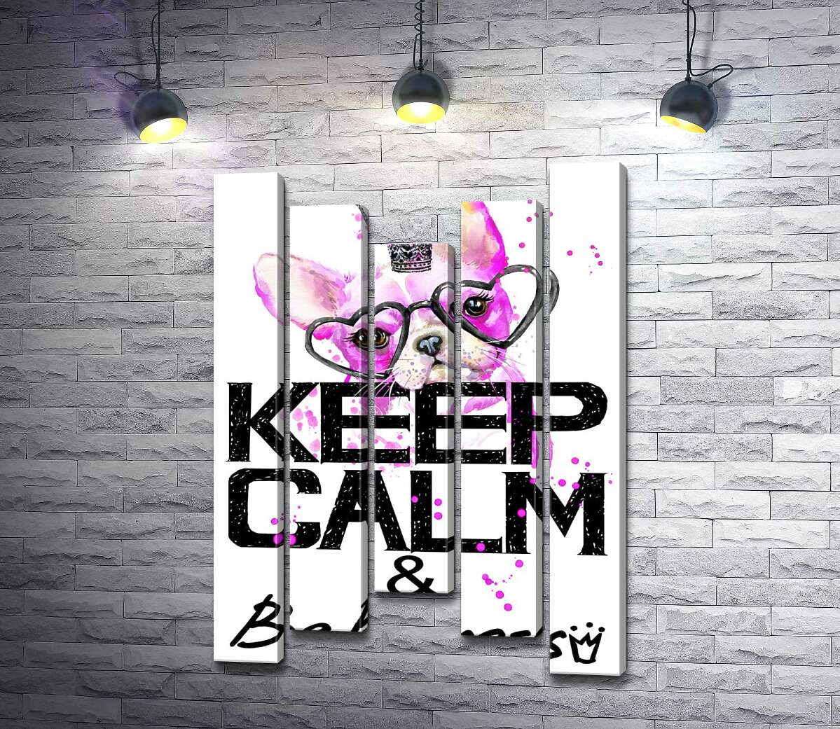 

Модульная картина ArtPoster Розовый бульдог в очках и короне над надписью "keep calm and be princess" 130x192 см Модуль №28