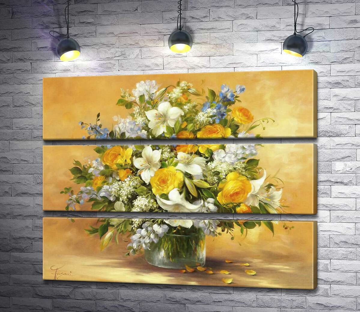 

Модульная картина ArtPoster Пышный букет из солнечно-желтых роз, изящных лилий и небесно-голубых колокольчиков 78x60 см Модуль №13