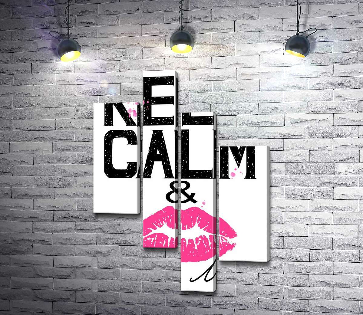 

Модульная картина ArtPoster Розовый отпечаток губ среди надписи "keep calm and kiss me" 130x191 см Модуль №20