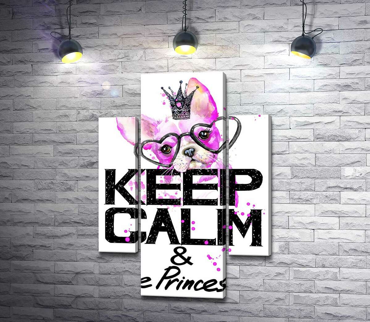 

Модульная картина ArtPoster Розовый бульдог в очках и короне над надписью "keep calm and be princess" 131x190 см Модуль №7