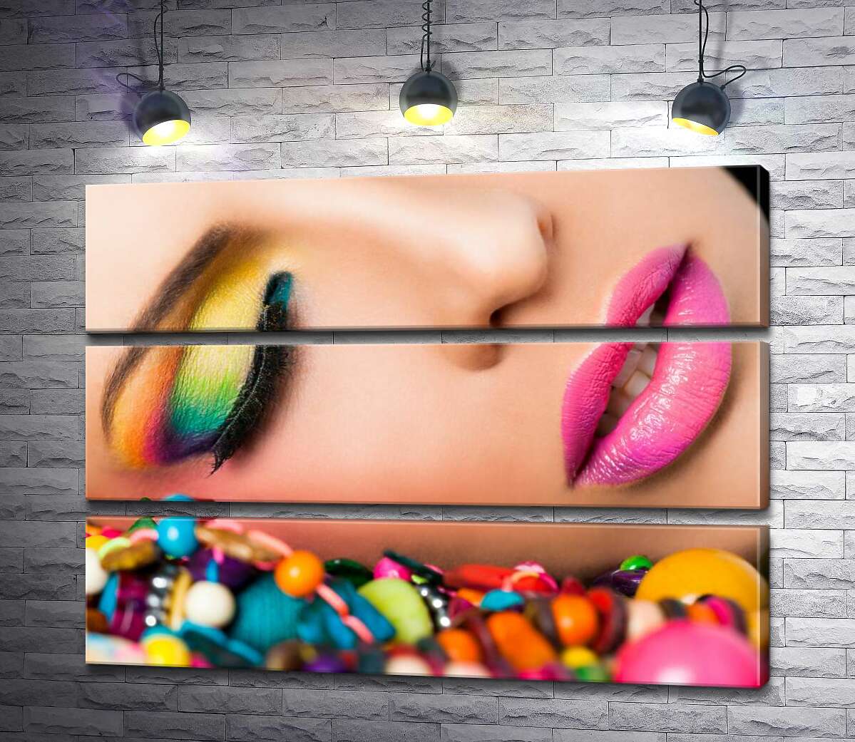 

Модульная картина ArtPoster Радужные оттенки теней на веках девушки в сочетании с яркими бусинами 130x96 см Модуль №13