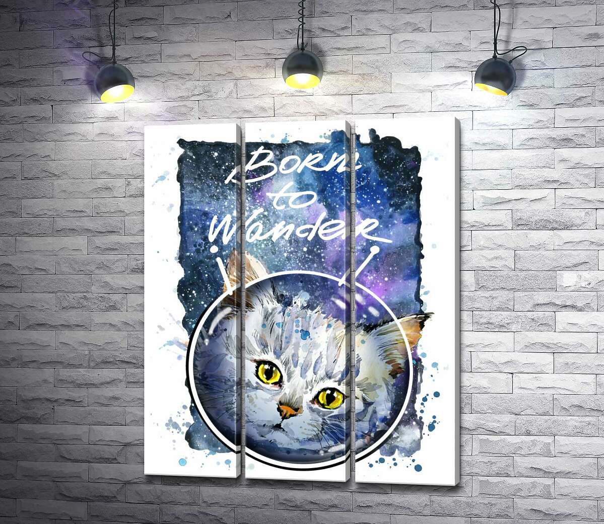 

Модульная картина ArtPoster Серый кот на космическом фоне с надписью "born to wander" 132x166 см Модуль №11
