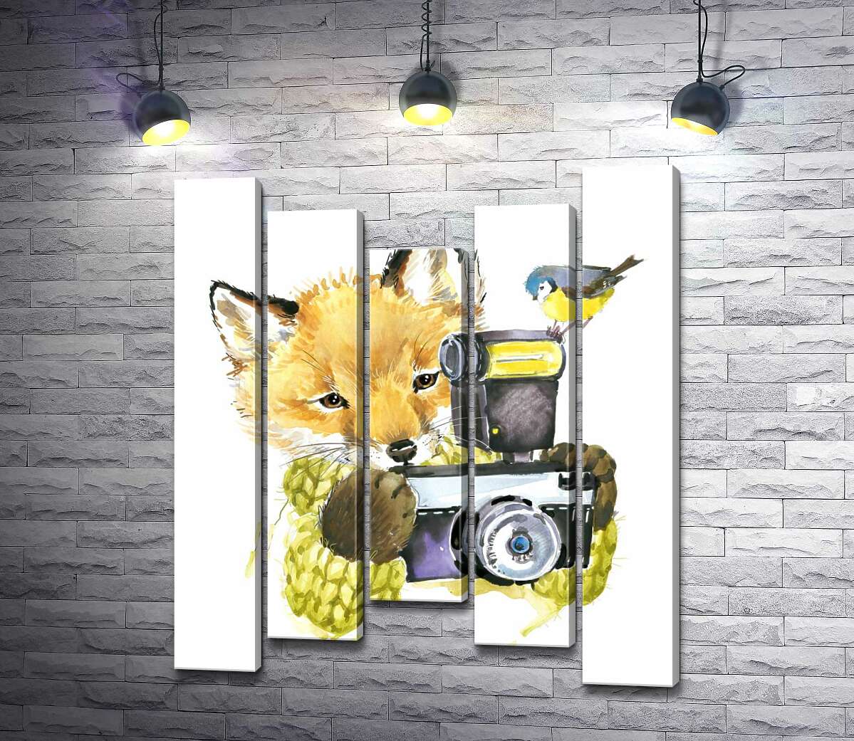 

Модульная картина ArtPoster Синица села на фотоаппарат рыжей лисы 130x156 см Модуль №28