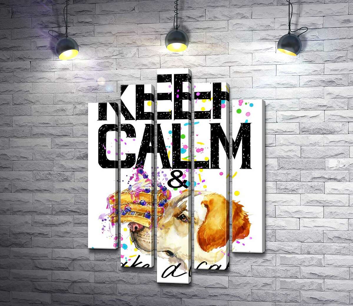 

Модульная картина ArtPoster Собака с тортом на носу среди надписи " keep calm and take a cake " 100x148 см Модуль №26