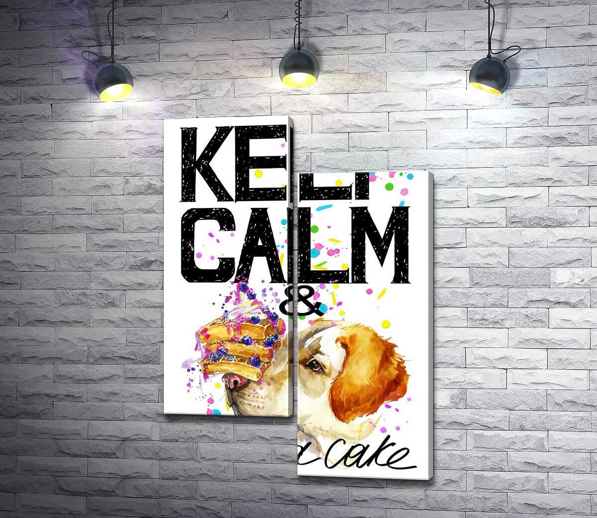 

Модульная картина ArtPoster Собака с тортом на носу среди надписи " keep calm and take a cake " 50x74 см Модуль №5