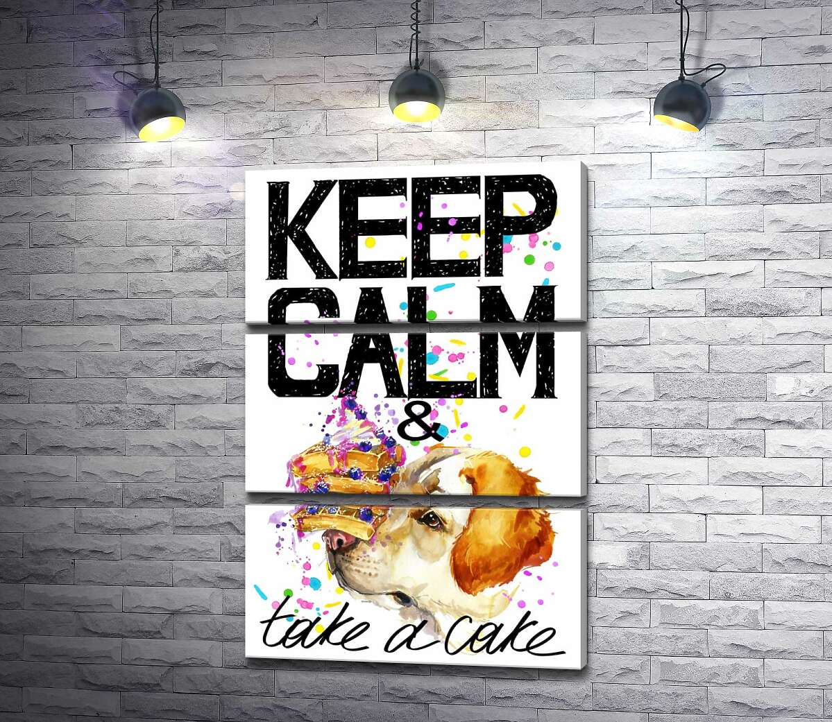 

Модульная картина ArtPoster Собака с тортом на носу среди надписи " keep calm and take a cake " 130x192 см Модуль №13