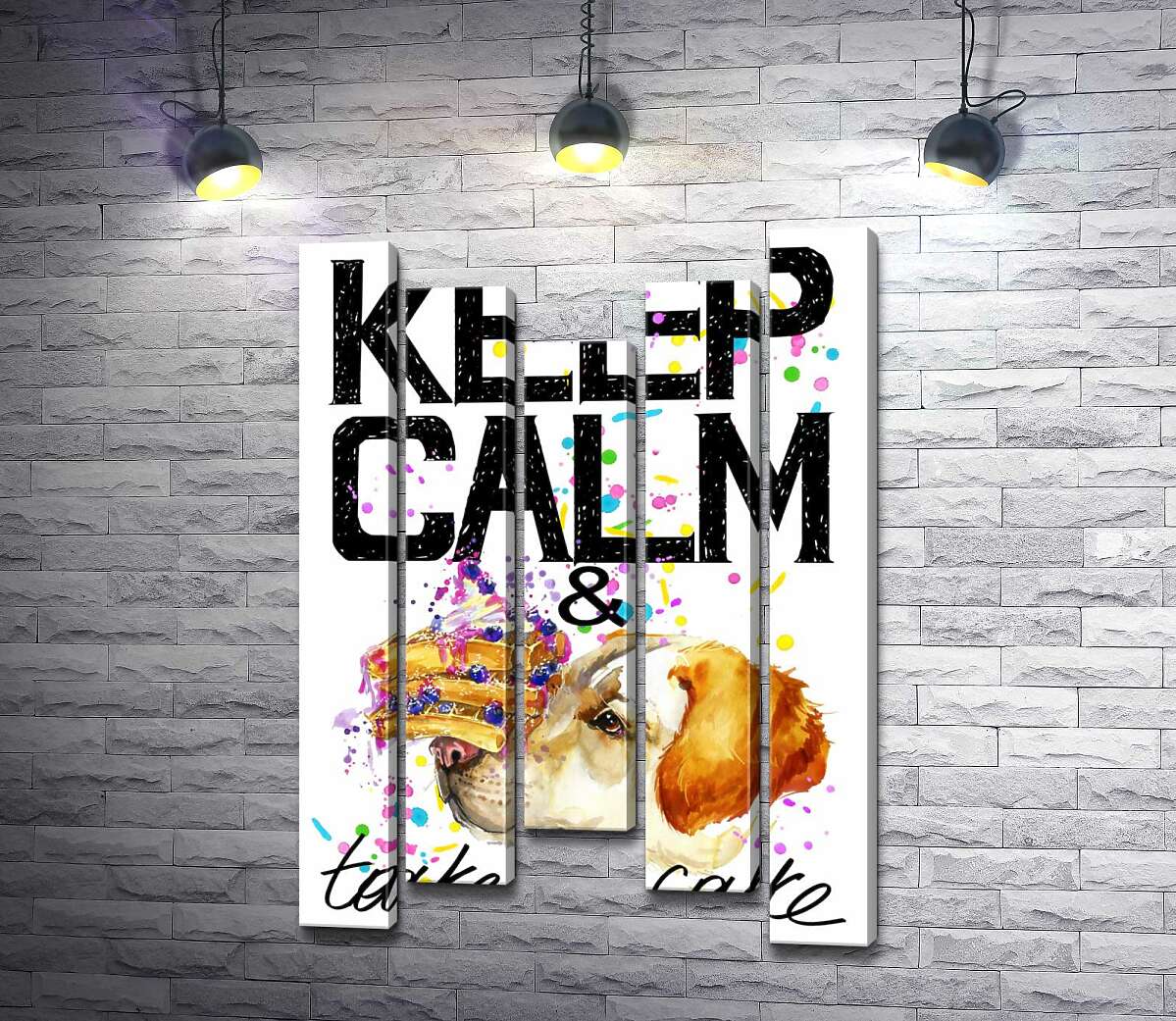 

Модульная картина ArtPoster Собака с тортом на носу среди надписи " keep calm and take a cake " 130x192 см Модуль №28