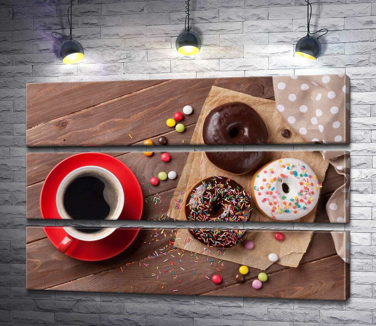 

Модульная картина ArtPoster Сладкий перекус: кофе с цветными донатсами 130x87 см Модуль №13