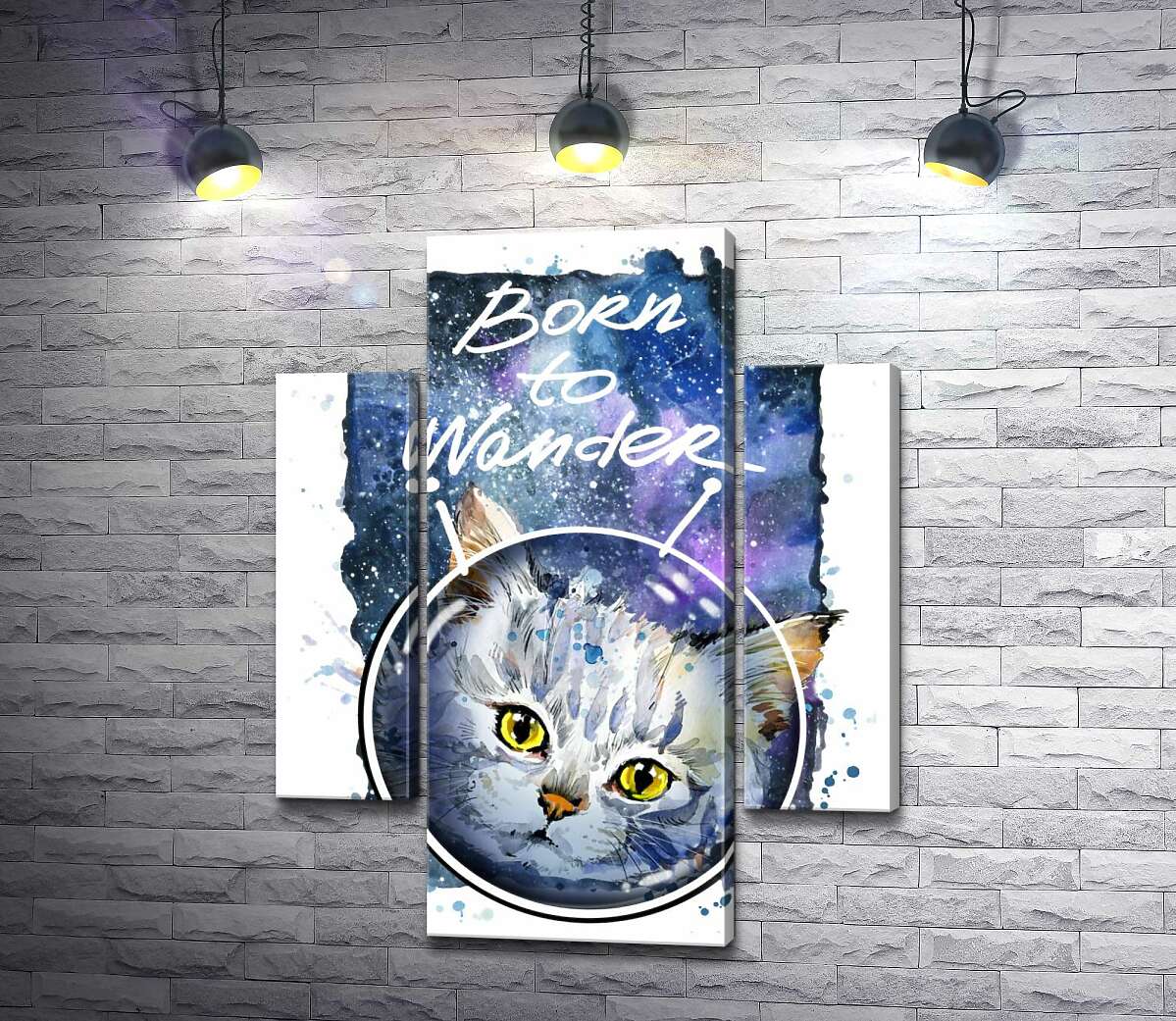 

Модульная картина ArtPoster Серый кот на космическом фоне с надписью "born to wander" 80x104 см Модуль №7