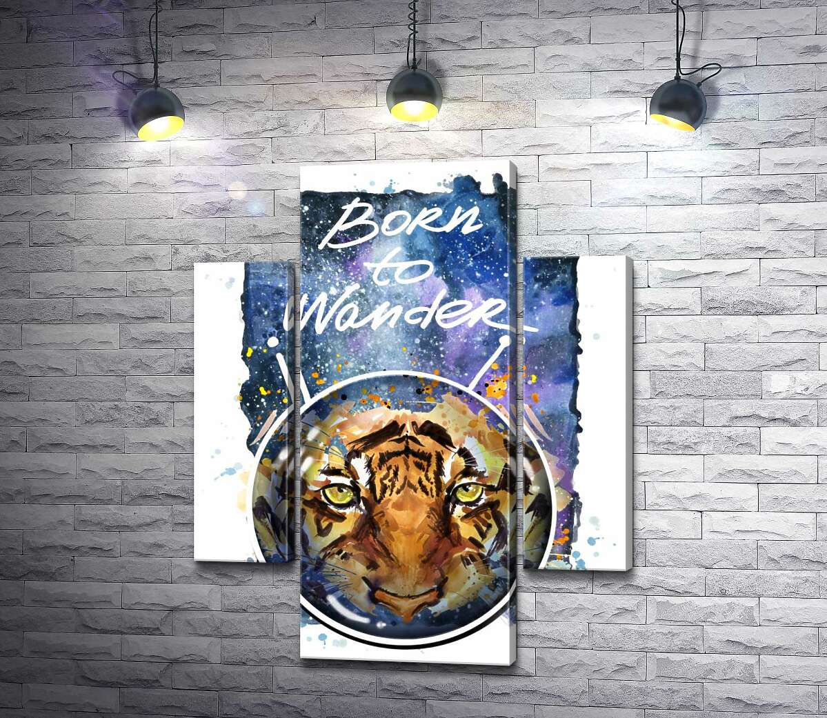 

Модульная картина ArtPoster Силуэт тигра в космическом шлеме с надписью "born to wander" 131x168 см Модуль №7