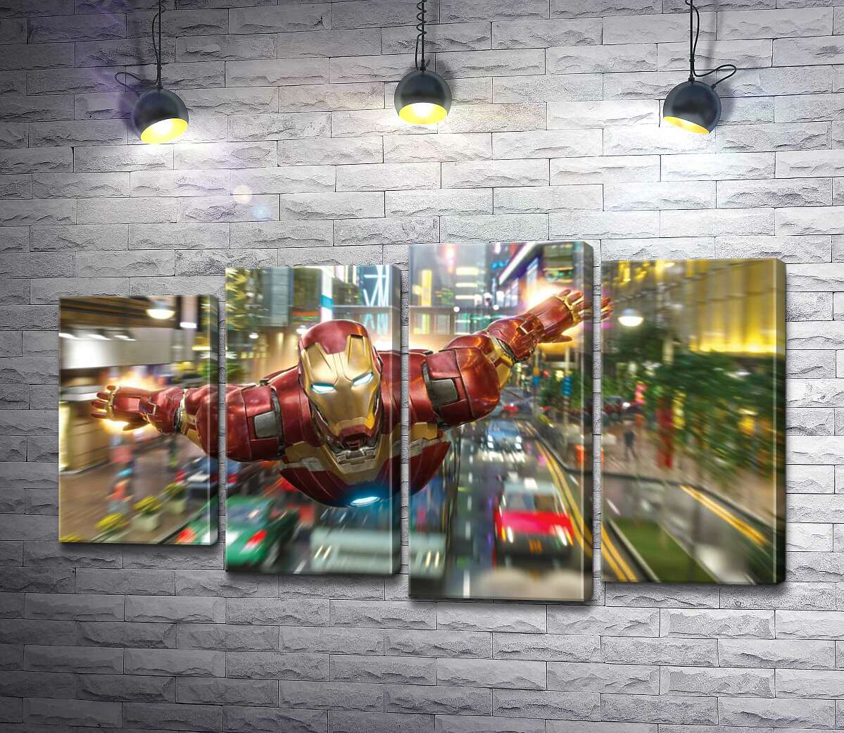 

Модульная картина ArtPoster Супергерой Железный человек (Iron Man) летит над дорогой мегаполиса 80x47 см Модуль №21