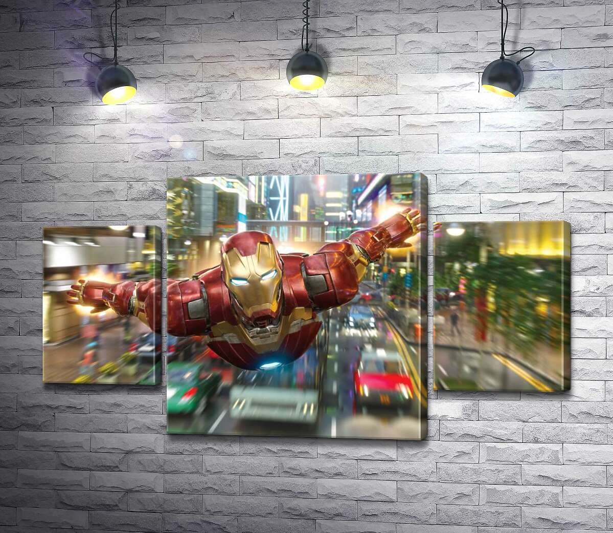 

Модульная картина ArtPoster Супергерой Железный человек (Iron Man) летит над дорогой мегаполиса 80x45 см Модуль №7