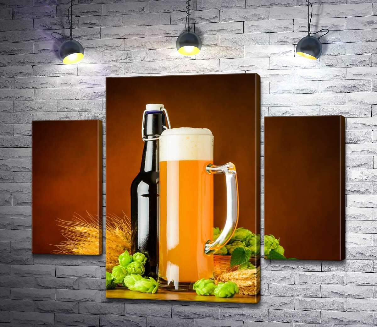 

Модульная картина ArtPoster Стройный бокал и бутылка пива рядом с колосьем пшеницы и хмелем 80x65 см Модуль №7