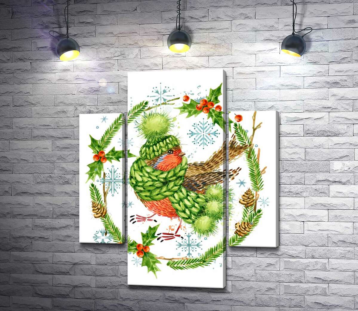 

Модульная картина ArtPoster Снегирь закутался в шапку и шарф среди венка из елки и остролиста 131x159 см Модуль №7