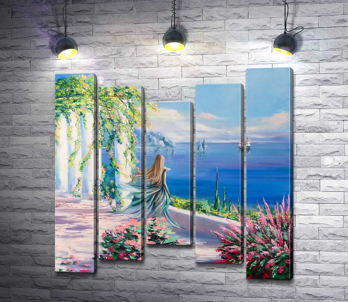 

Модульная картина ArtPoster Силуэт девушки, которая смотрит на море из сада 130x133 см Модуль №28