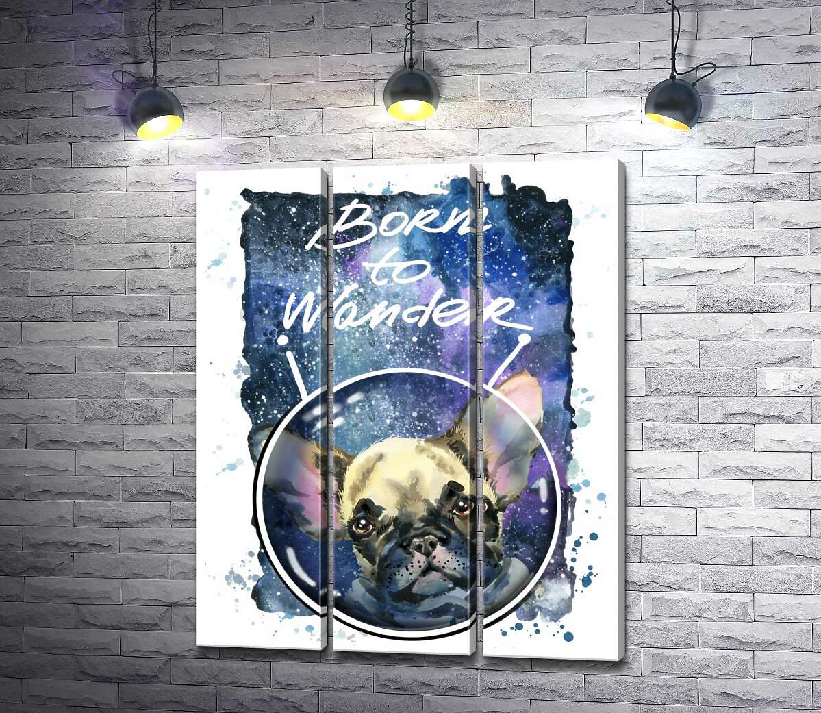 

Модульная картина ArtPoster Ушастый бульдог среди космоса с надписью "born to wander" 60x77 см Модуль №11