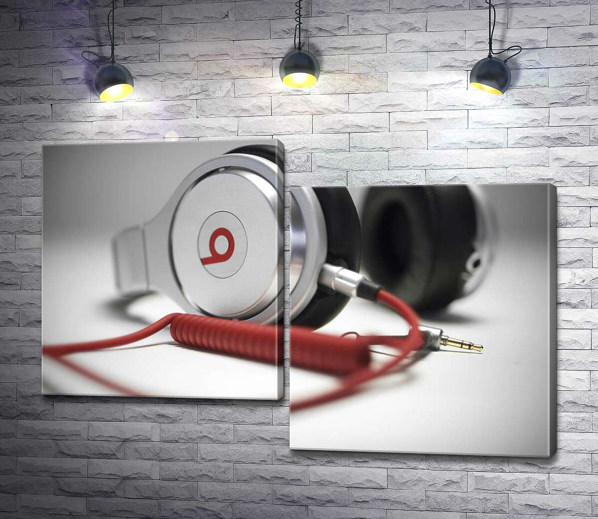 

Модульная картина ArtPoster Тонкие формы белого корпуса наушников Beats в сочетании с завитками красного провода 130x88 см Модуль №5