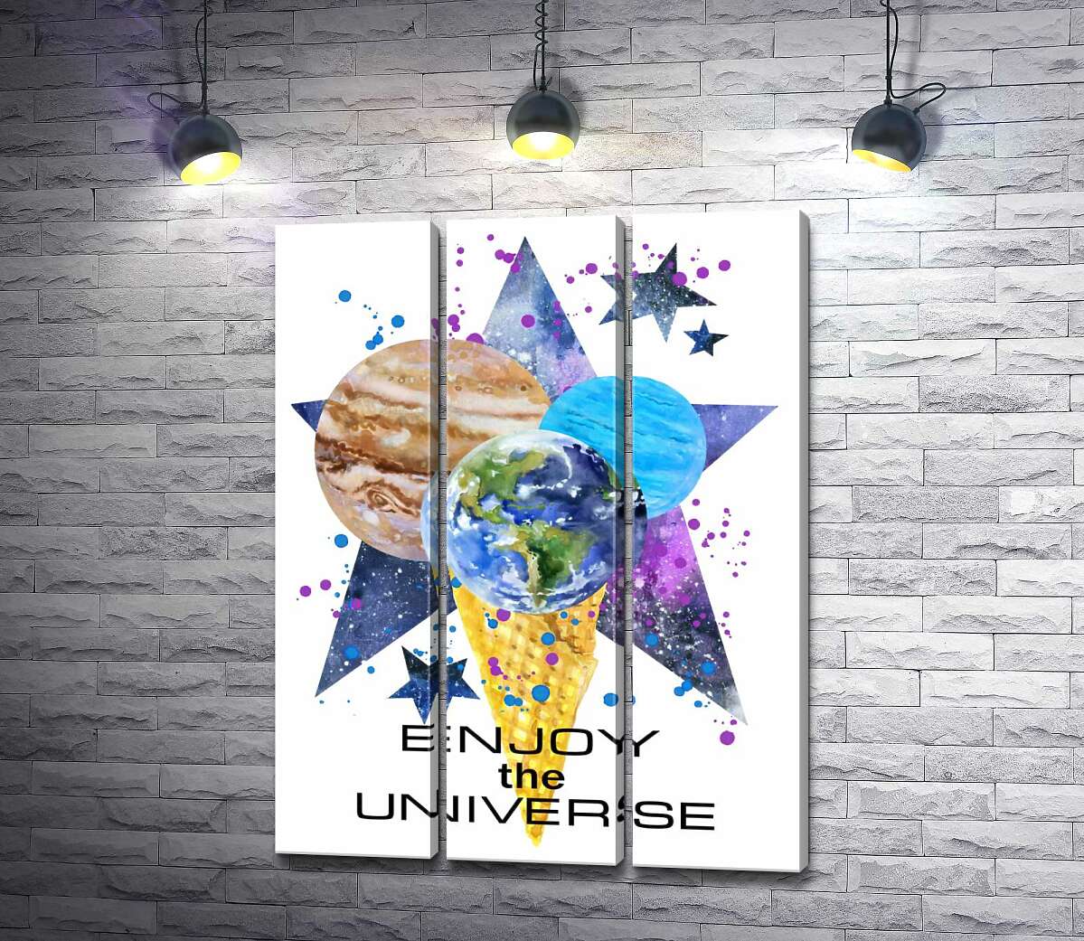 

Модульная картина ArtPoster Три планеты в рожке мороженого на космическом фоне с надписью "enjoy the universe" 132x177 см Модуль №11