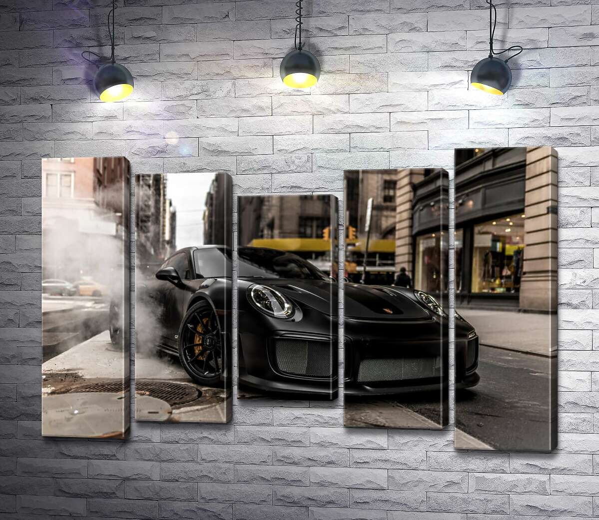 

Модульная картина ArtPoster Угольно-черный автомобиль Порше 911 среди улицы старого города 100x69 см Модуль №28