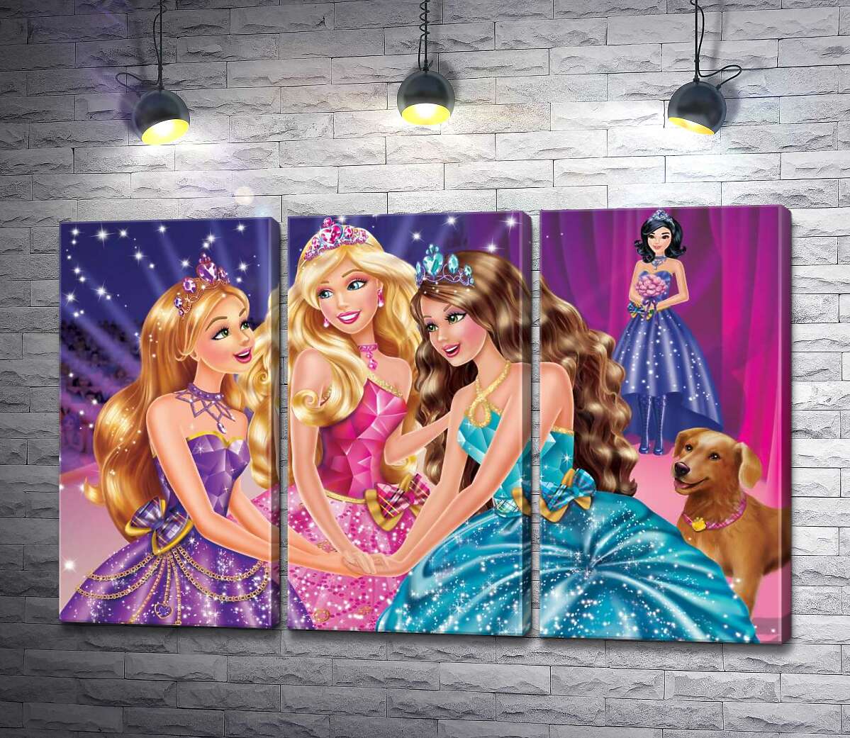 

Модульная картина ArtPoster Три подруги Блэр, Хайли и Айла на постере к мультфильму "Барби: Академия принцесс" (Barbie: Princess Charm School) 132x84 см Модуль №11