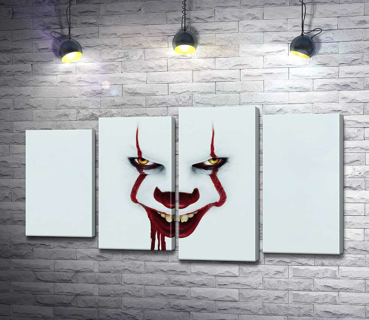 

Модульная картина ArtPoster Ужасающая улыбка клоуна-убийцы Пеннивайза – героя фильма ужасов "Оно" (It) 100x58 см Модуль №21