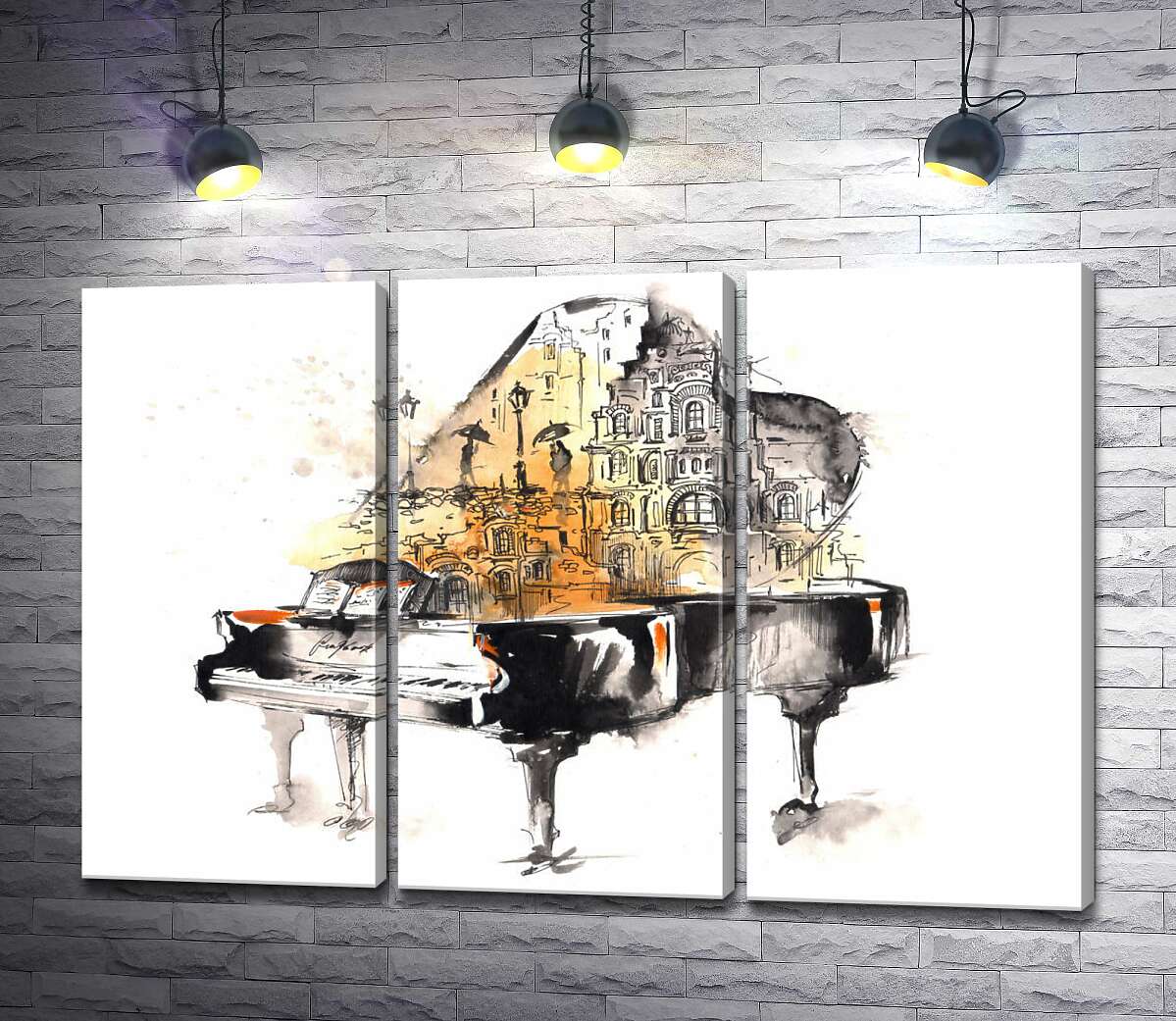 

Модульная картина ArtPoster Улица дождливого города на силуэте рояля 60x41 см Модуль №11