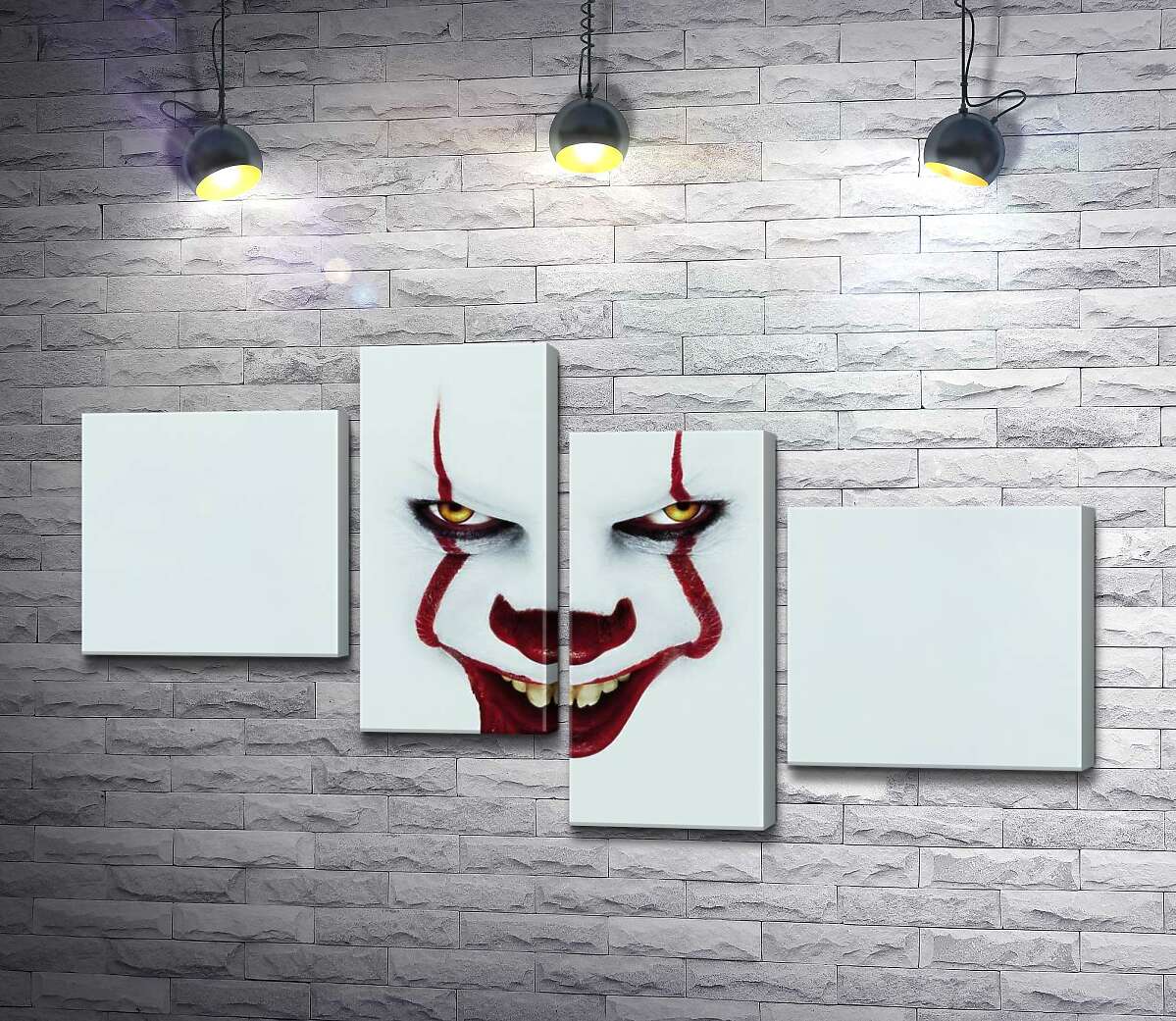 

Модульная картина ArtPoster Ужасающая улыбка клоуна-убийцы Пеннивайза – героя фильма ужасов "Оно" (It) 100x57 см Модуль №20