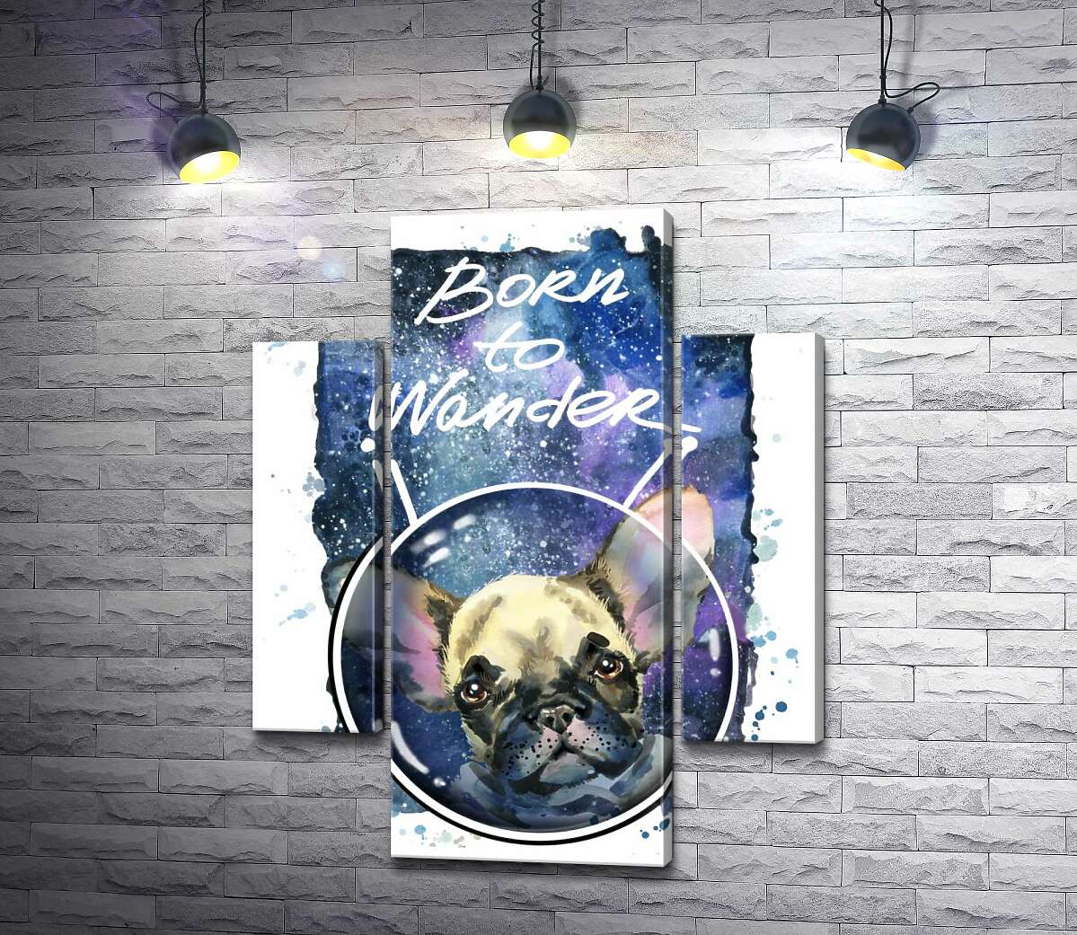 

Модульная картина ArtPoster Ушастый бульдог среди космоса с надписью "born to wander" 100x129 см Модуль №7