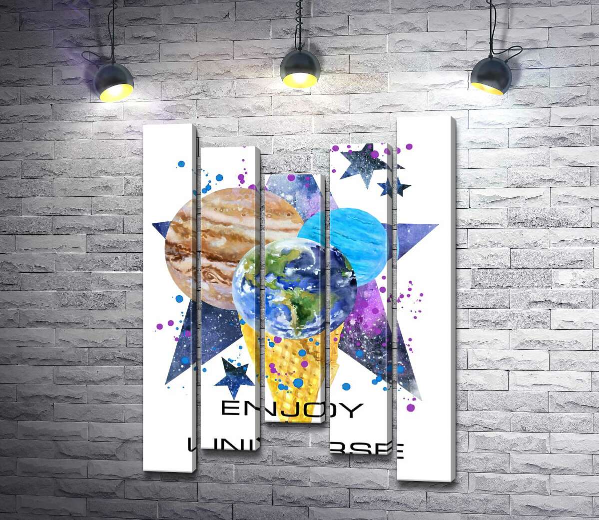 

Модульная картина ArtPoster Три планеты в рожке мороженого на космическом фоне с надписью "enjoy the universe" 100x137 см Модуль №28