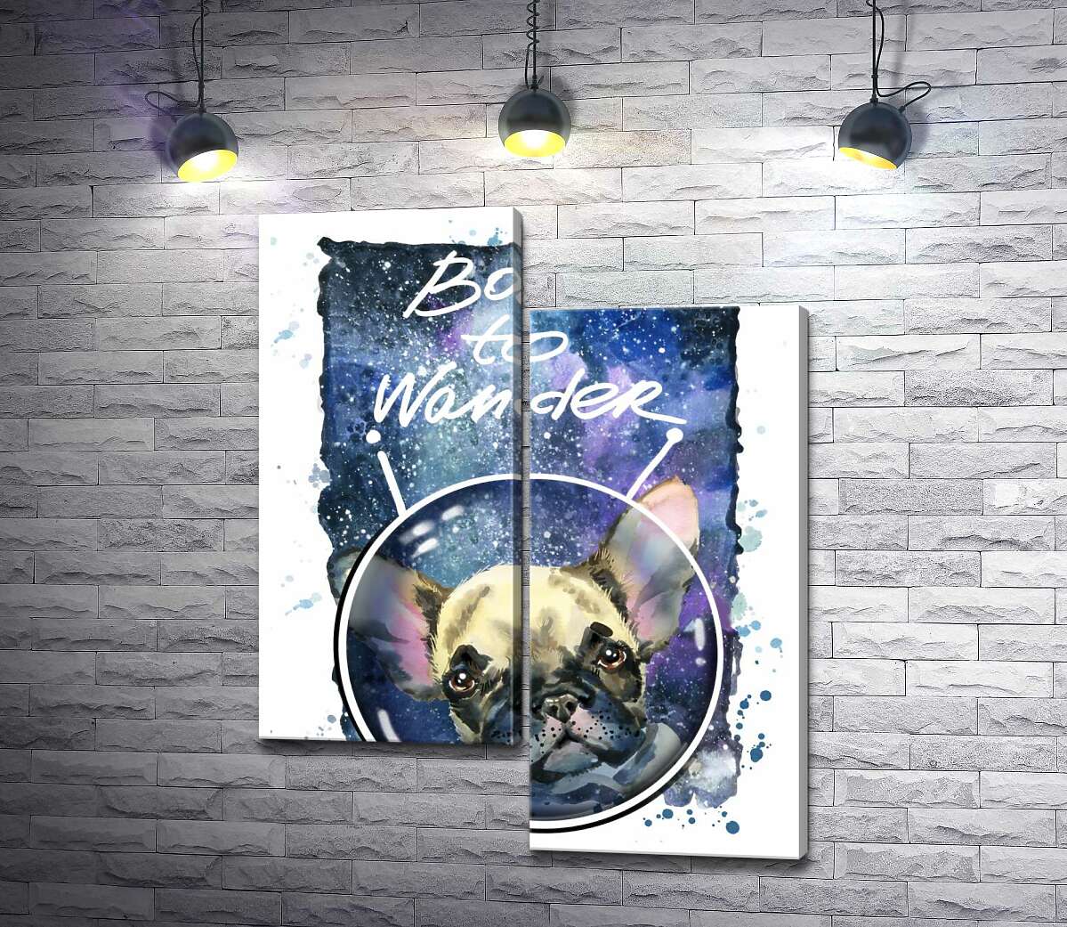 

Модульная картина ArtPoster Ушастый бульдог среди космоса с надписью "born to wander" 100x129 см Модуль №5
