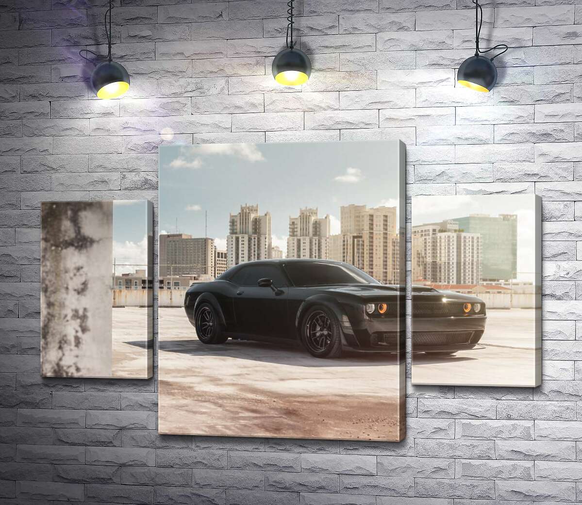 

Модульная картина ArtPoster Черный автомобиль Dodge Challenger Hellcat на фоне домов 100x69 см Модуль №7