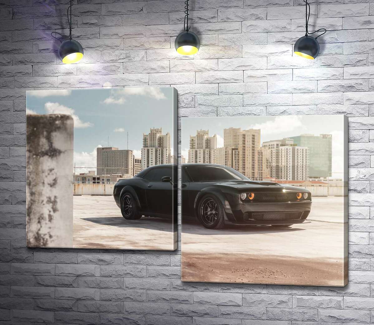 

Модульная картина ArtPoster Черный автомобиль Dodge Challenger Hellcat на фоне домов 100x68 см Модуль №5