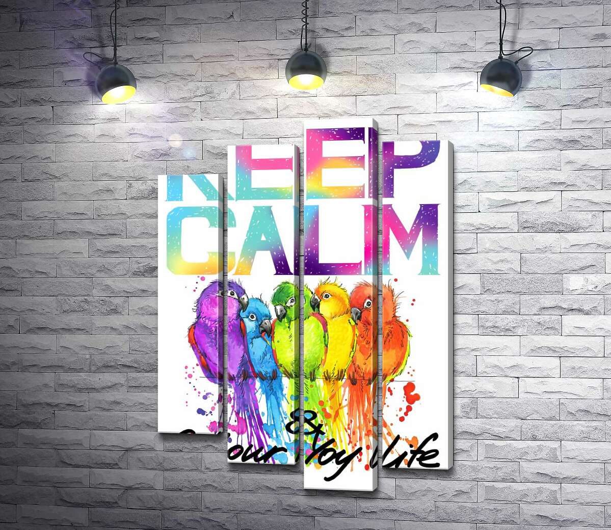 

Модульная картина ArtPoster Яркое оперение попугаев среди надписи "keep calm and colour your life" 80x118 см Модуль №21