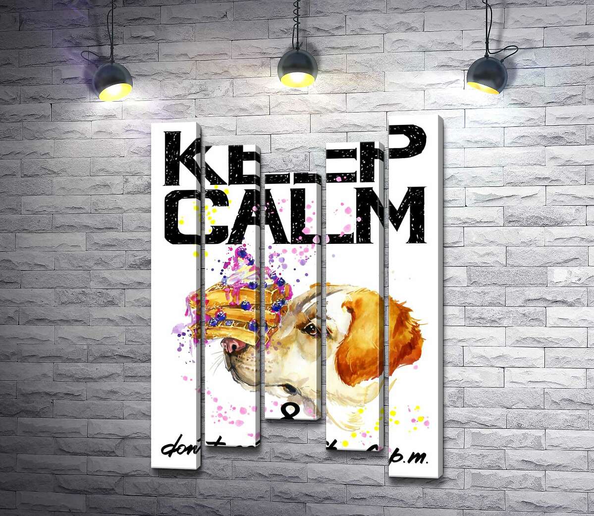 

Модульная картина ArtPoster Черничный торт на носу у собаки среди надписи "keep calm and don't eat after 6 p.m." 100x148 см Модуль №28