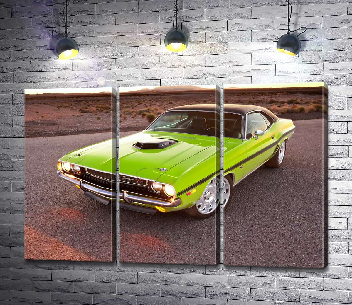 

Модульная картина ArtPoster Яркий автомобиль Dodge Challenger на дороге среди пустыни 132x86 см Модуль №11