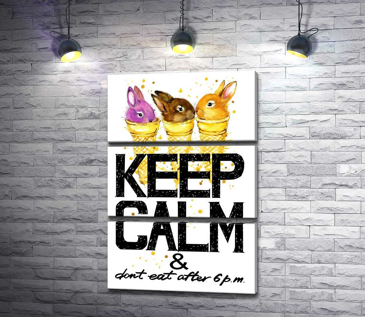 

Модульная картина ArtPoster Цветные зайцы в рожках мороженого над надписью "keep calm and don't eat after 6 p.m." 100x147 см Модуль №13