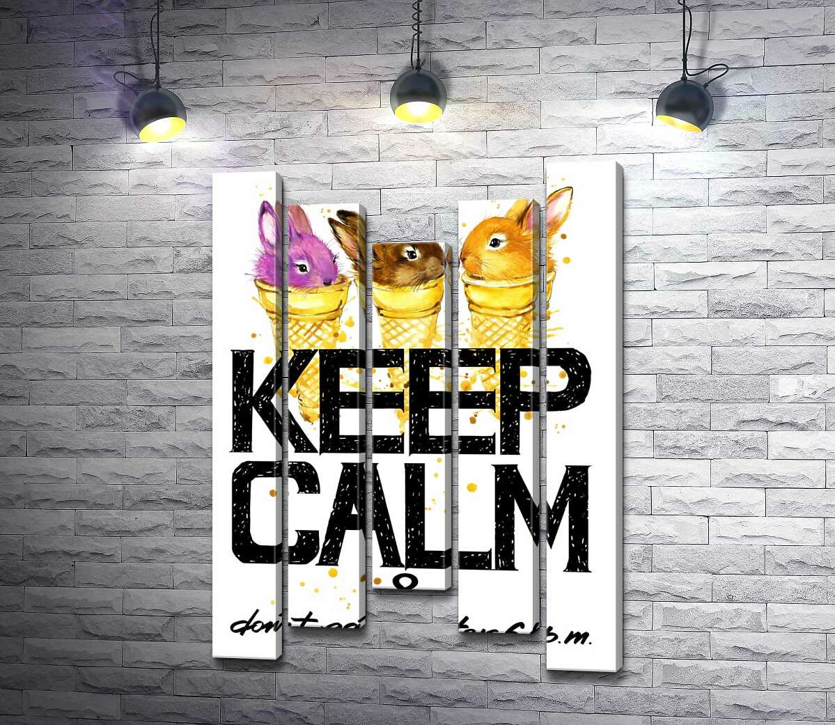 

Модульная картина ArtPoster Цветные зайцы в рожках мороженого над надписью "keep calm and don't eat after 6 p.m." 130x192 см Модуль №28