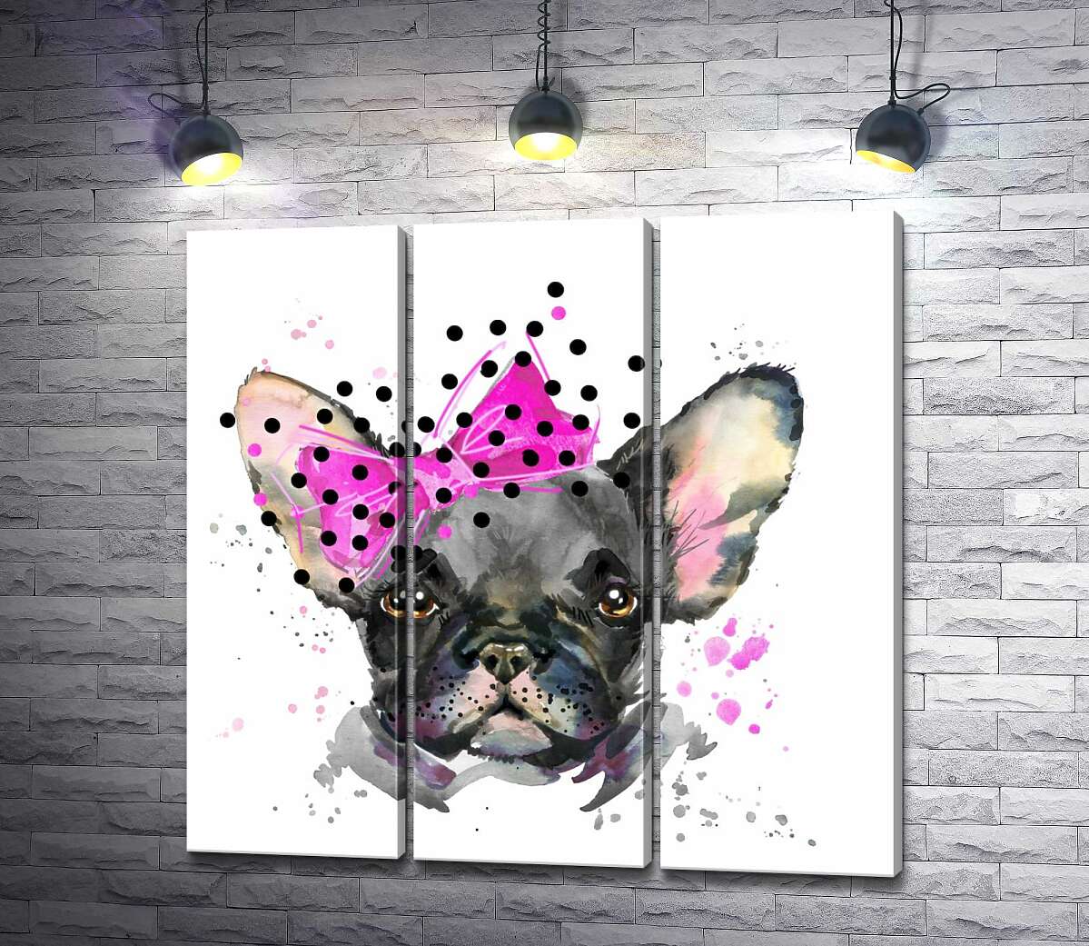 

Модульная картина ArtPoster Черный французский бульдог с розовым бантиком возле уха 60x60 см Модуль №11
