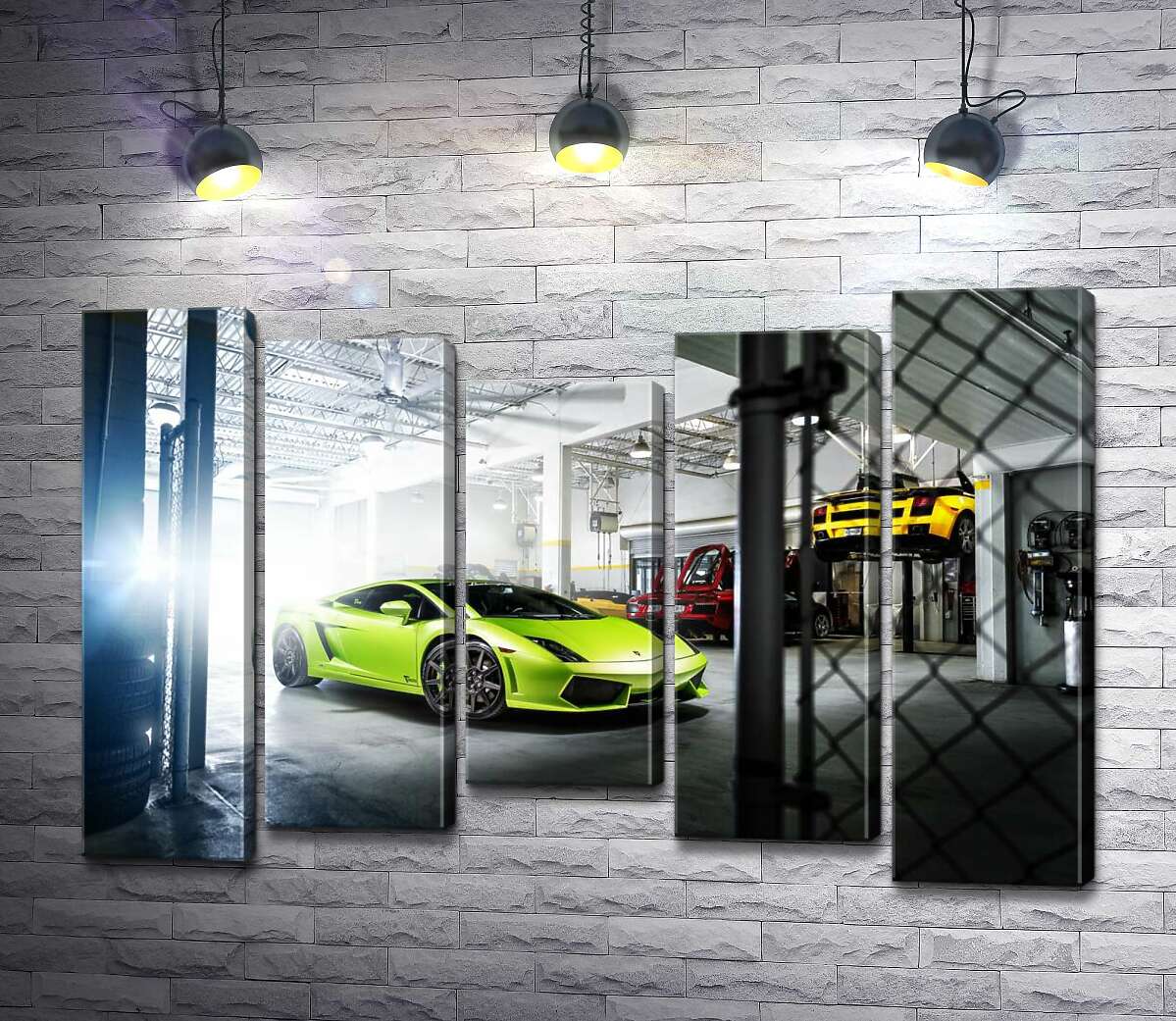 

Модульная картина ArtPoster Яркий зеленый Ламборгини (Lamborghini Gallardo) стоит в тени гаража 130x88 см Модуль №28