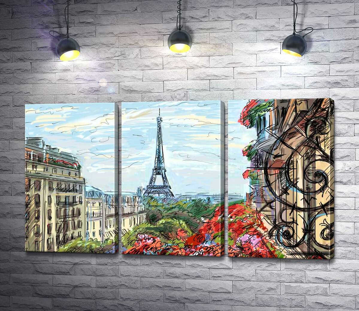 

Модульная картина ArtPoster Эйфелева башня (Eiffel tower) виднеется с летнего балкона старого дома 132x74 см Модуль №11