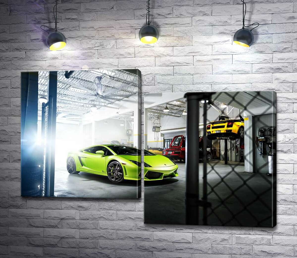 

Модульная картина ArtPoster Яркий зеленый Ламборгини (Lamborghini Gallardo) стоит в тени гаража 130x88 см Модуль №5