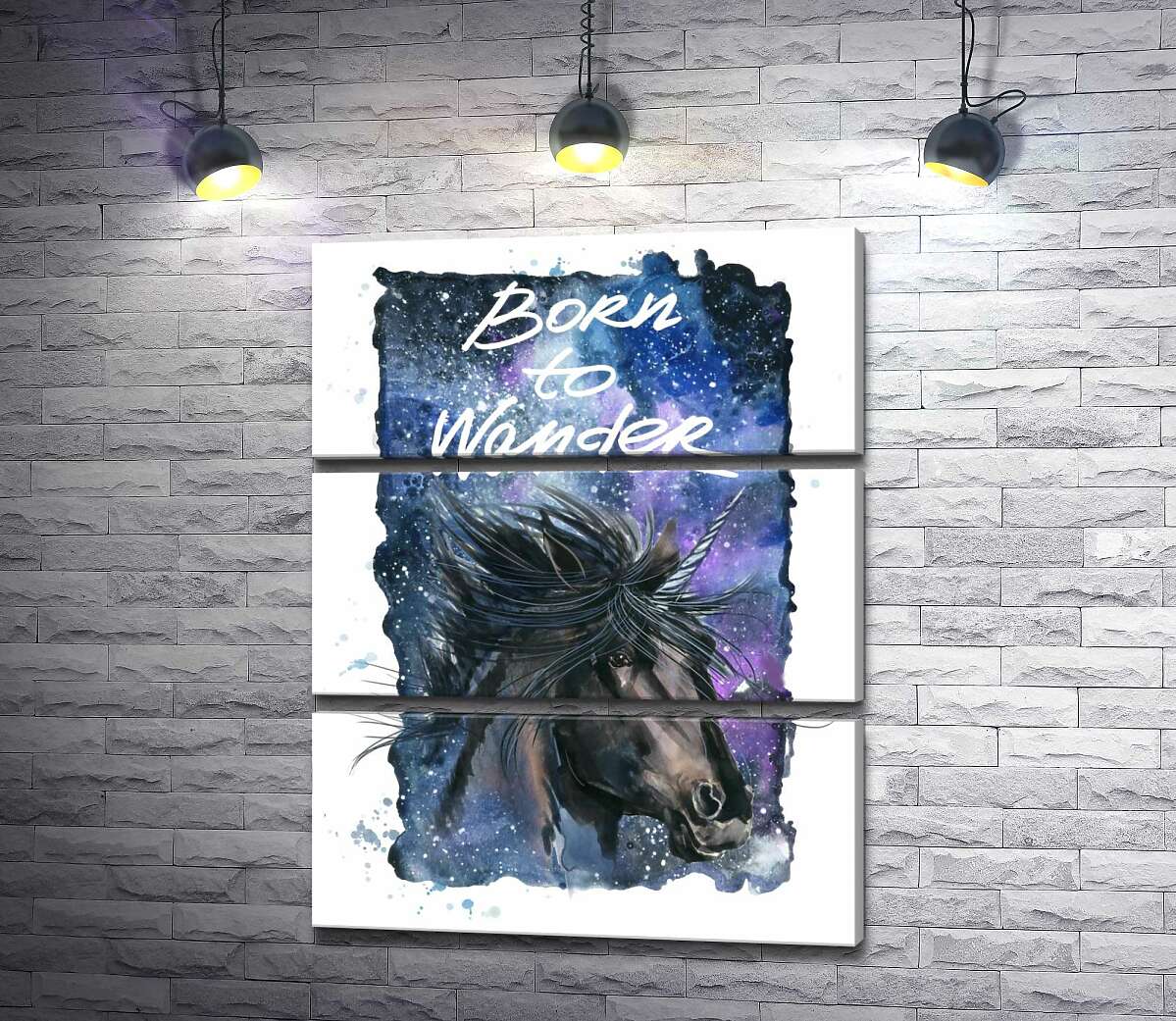 

Модульная картина ArtPoster Черный единорог на космическом фоне с надписью "born to wander" 50x66 см Модуль №13