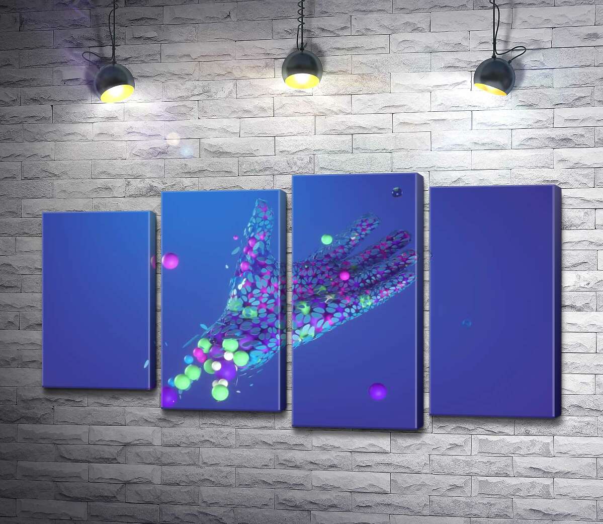 

Модульная картина ArtPoster Цветные шарики летят в ладонь 132x75 см Модуль №21