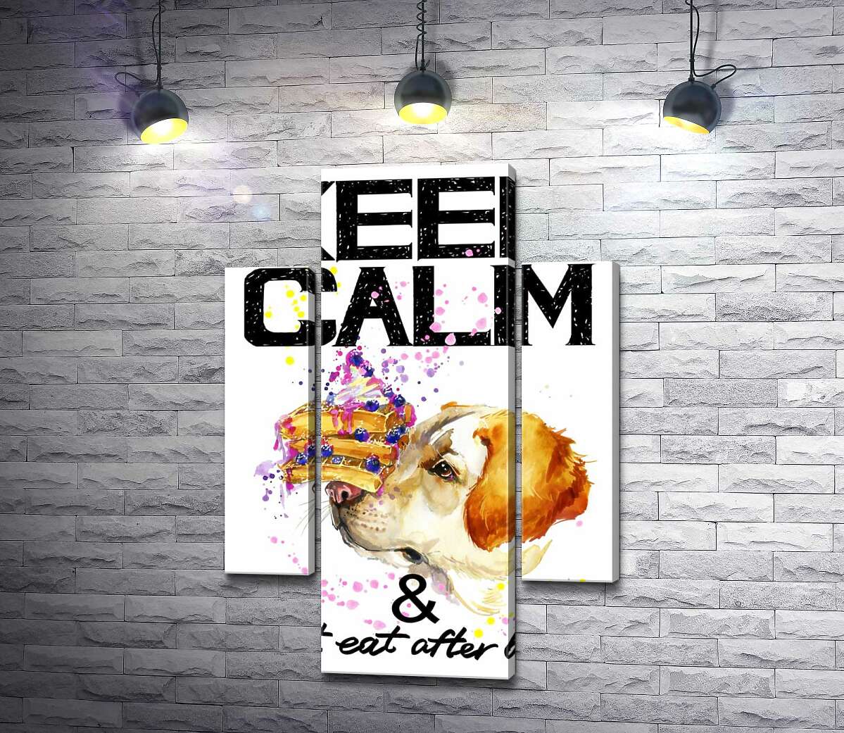 

Модульная картина ArtPoster Черничный торт на носу у собаки среди надписи "keep calm and don't eat after 6 p.m." 131x190 см Модуль №7