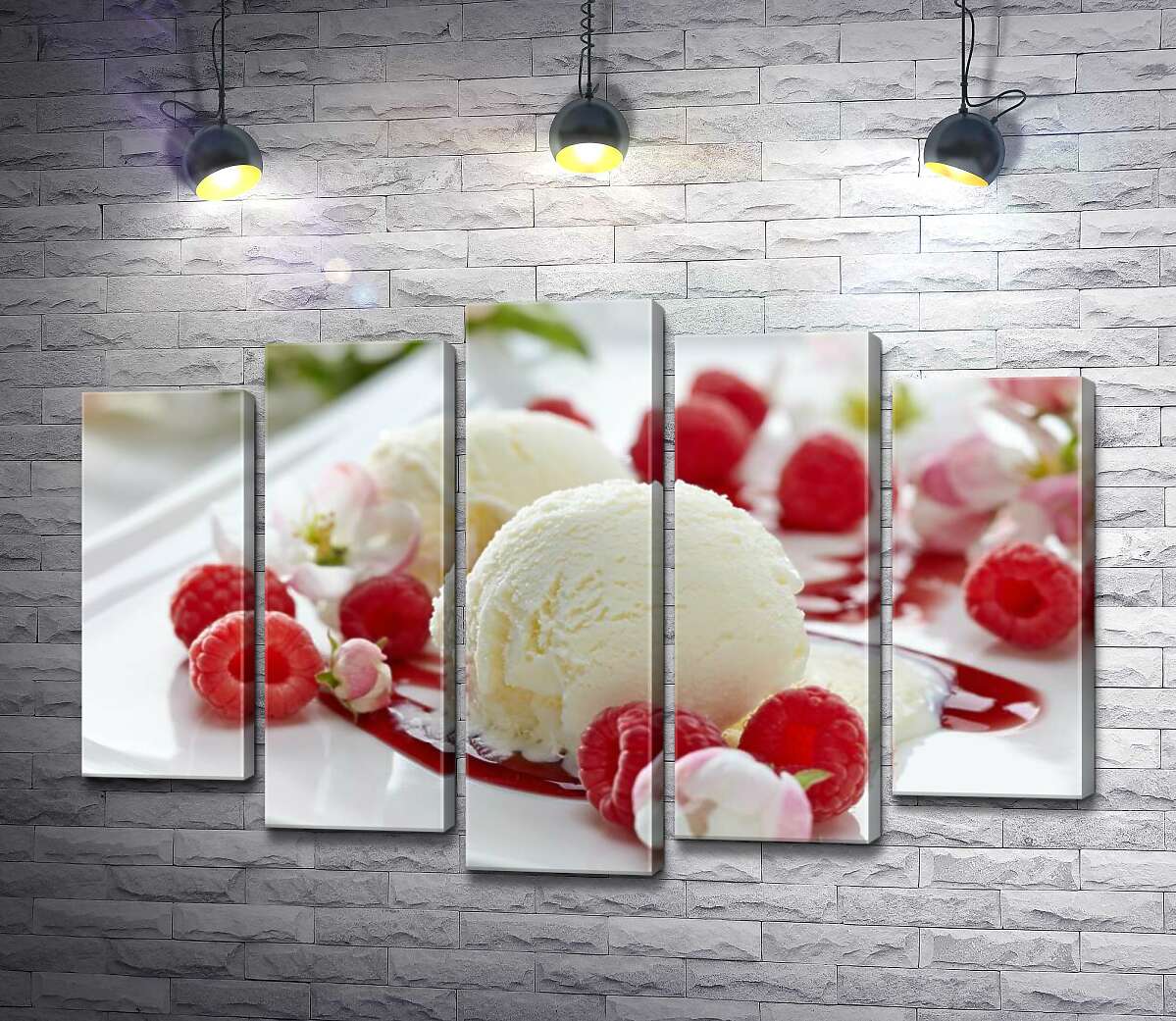 

Модульная картина ArtPoster Шарики ванильного мороженого на тарелке с ягодами малины и нежными цветами 130x88 см Модуль №26