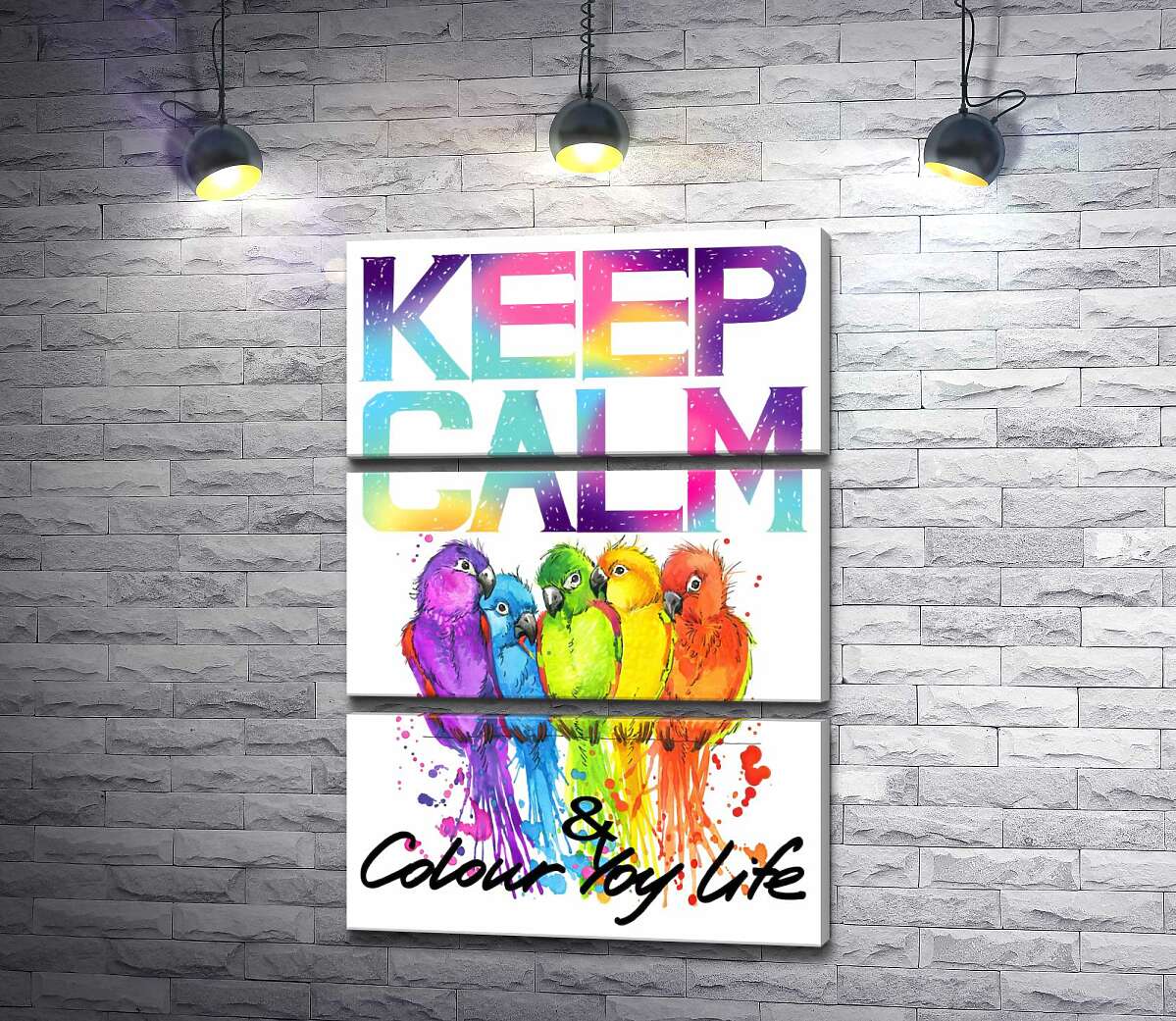 

Модульная картина ArtPoster Яркое оперение попугаев среди надписи "keep calm and colour your life" 130x192 см Модуль №13