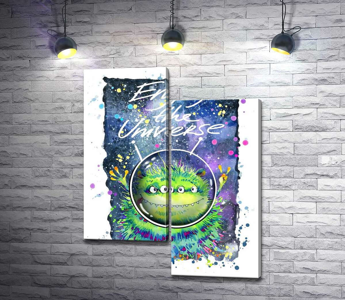 

Модульная картина ArtPoster Четырехглазый зеленый монстр летает в космосе возле надписи "Enjoy the Universe" 130x167 см Модуль №5